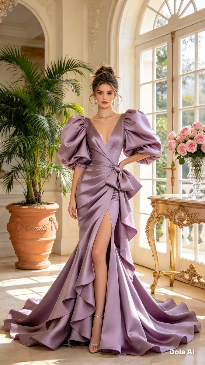 Woman in a Dusty-Lilac Satin Mermaid Gown output 4
