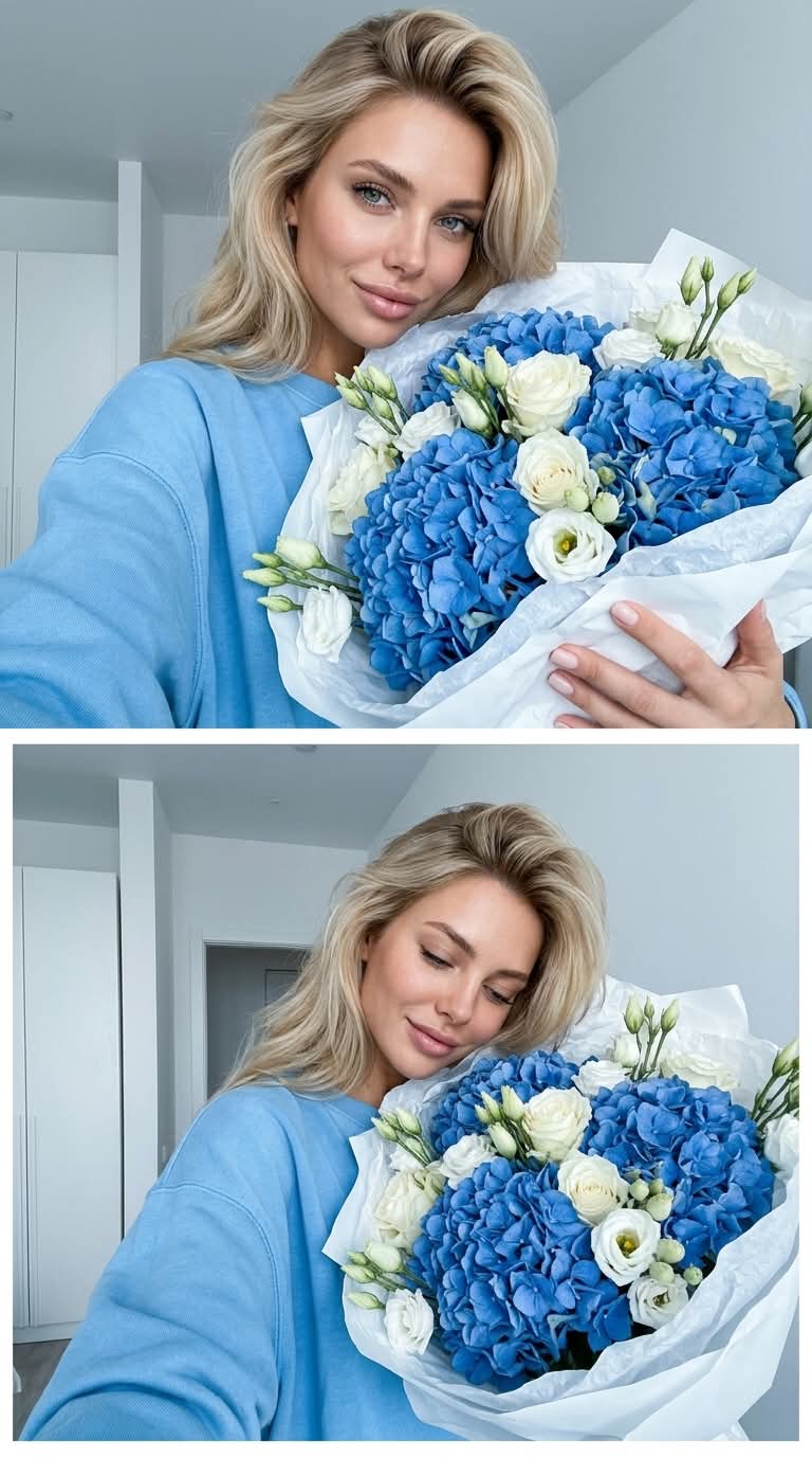 Two-Frame Selfie Collage with a Blue Hydrangea Bouquet output 2