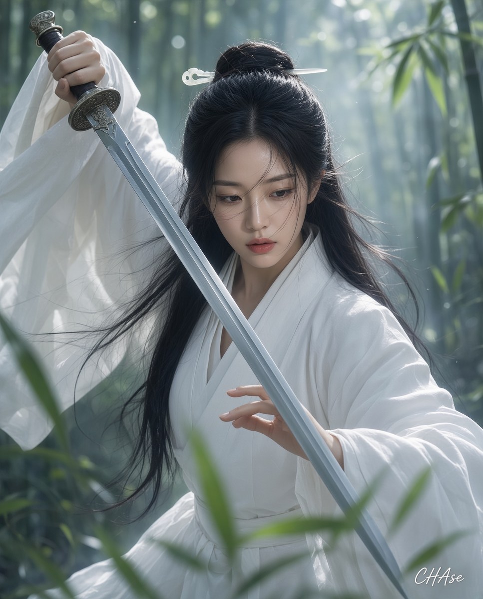 Cinematic Wuxia Portrait in a Bamboo Forest output 3