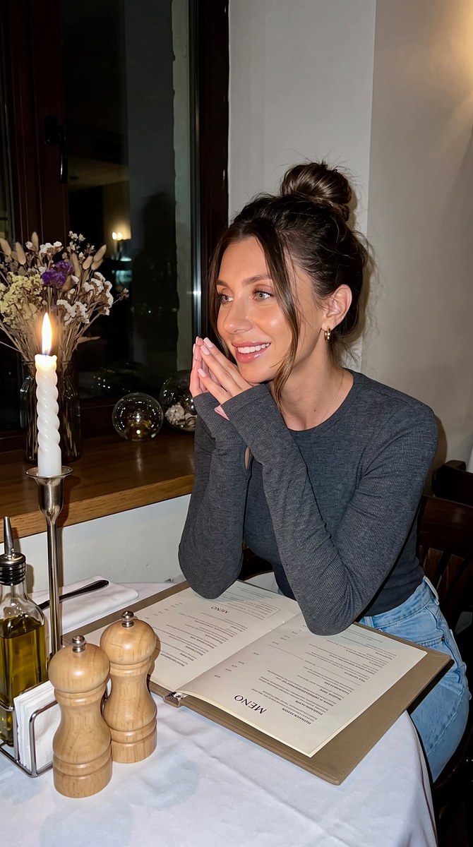 Flash Photo of a Woman in a Cozy Restaurant