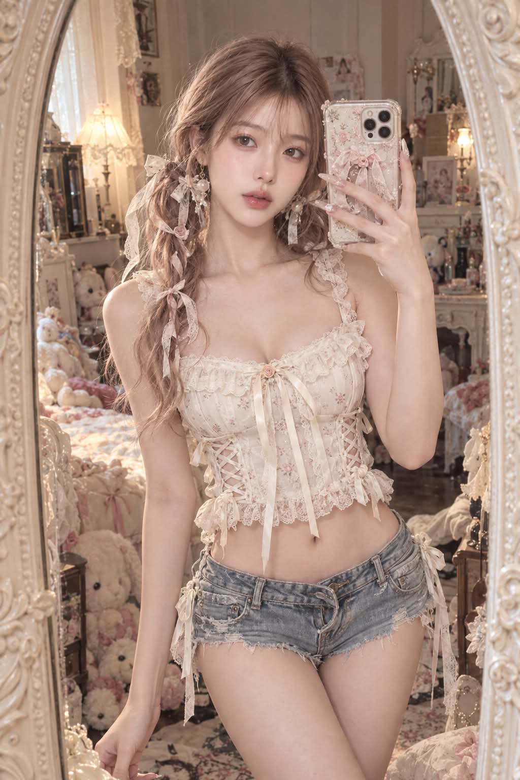 Rococo-Inspired Mirror Selfie in a Dreamy Bedroom
