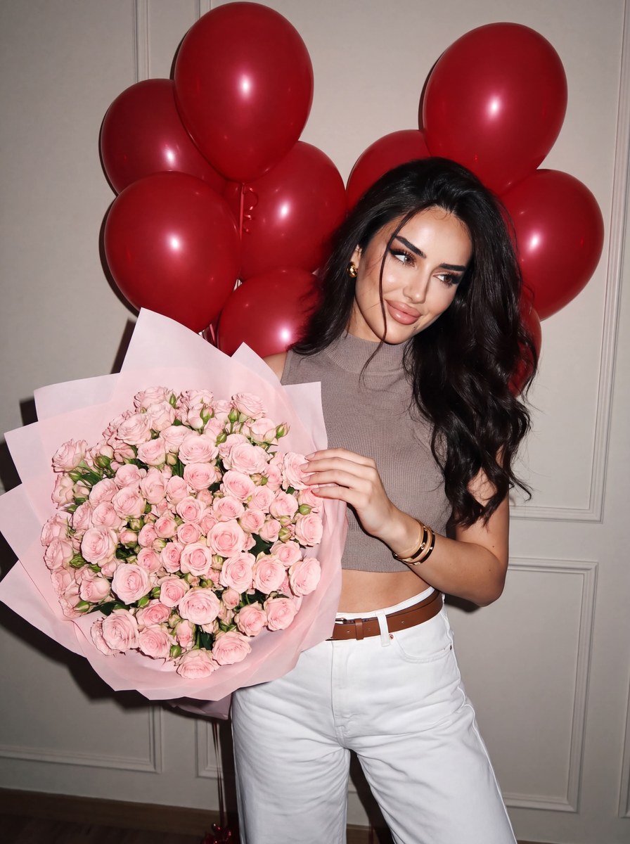 Birthday Digicam Portrait with Pink Roses and Red Balloons