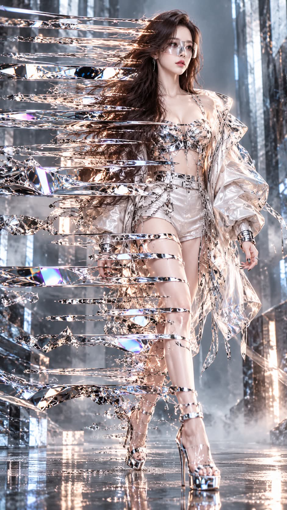 Chrome Slice Queen: Fractured-Reality Fashion Portrait output 2