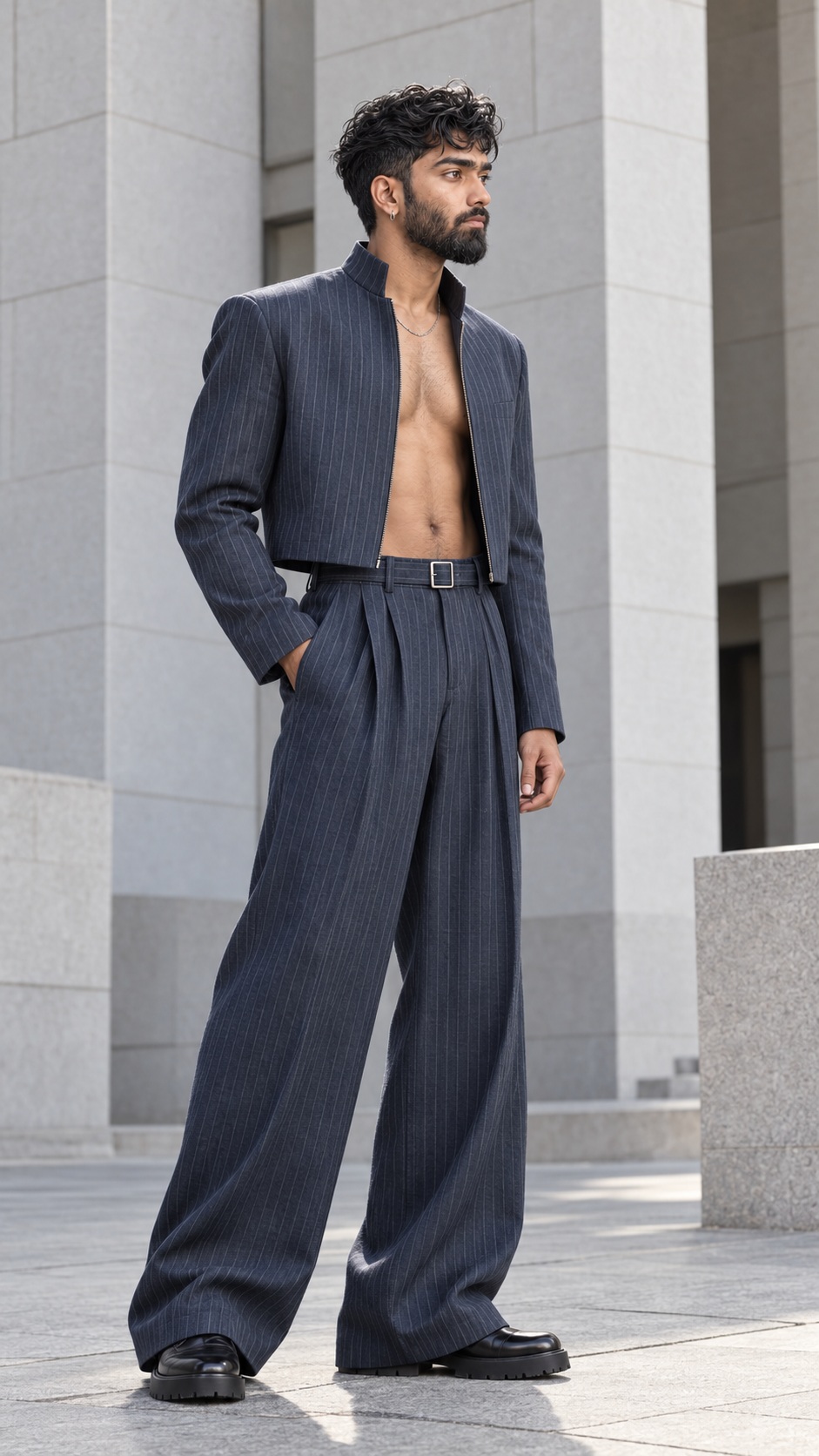 Navy Pinstripe Side-Profile Fashion Portrait output 1