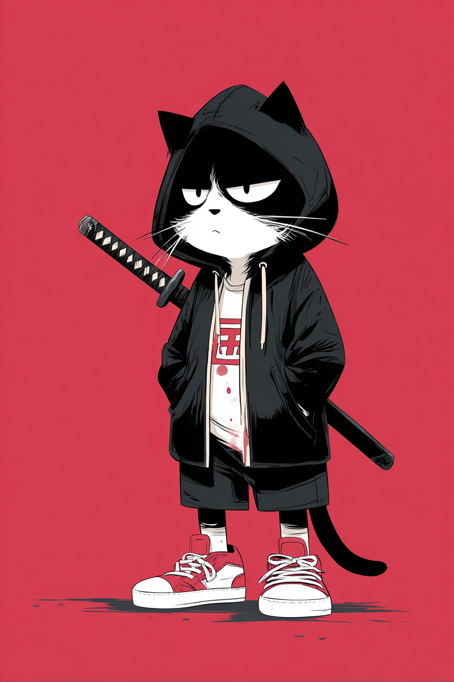 Frowning Cat in a Samurai Hoodie