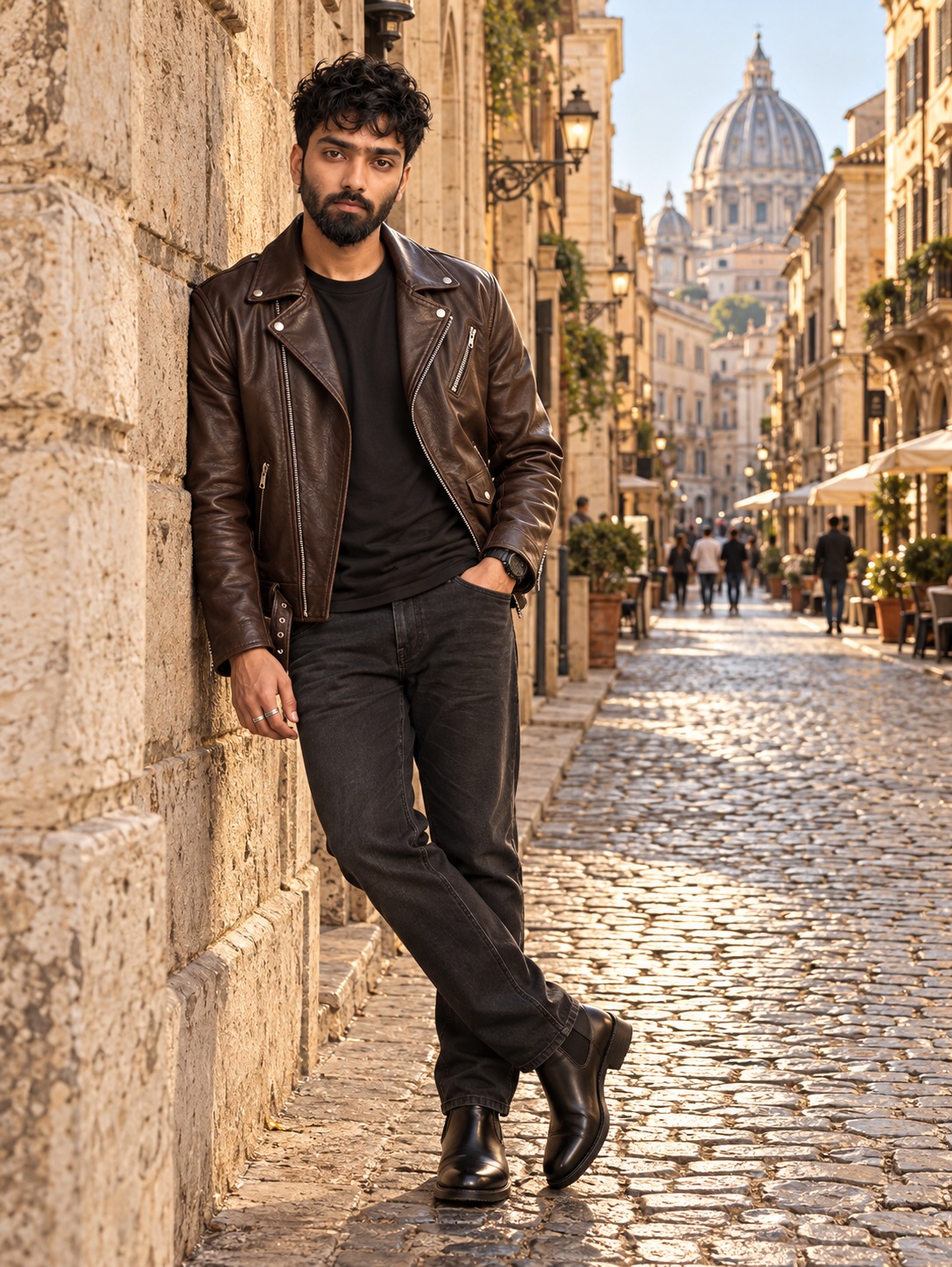 Leather-Jacket Fashion Portrait on a Roman Street