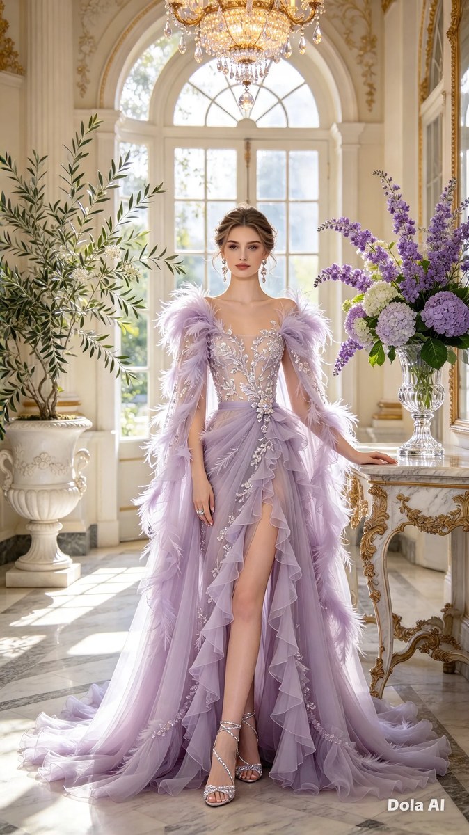Lavender Gown in a Sunlit Palace Hall