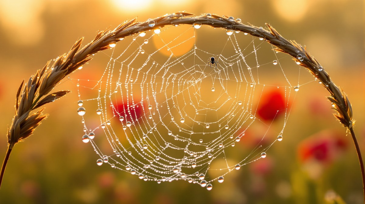 Macro Photograph of Dewdrops on a Spider Web at Sunrise