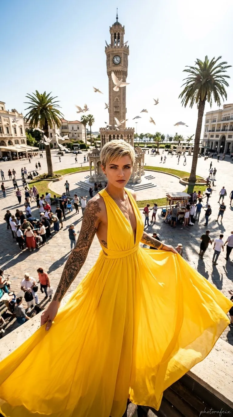 Cinematic 3D Woman in a Yellow Dress at a Clock Tower