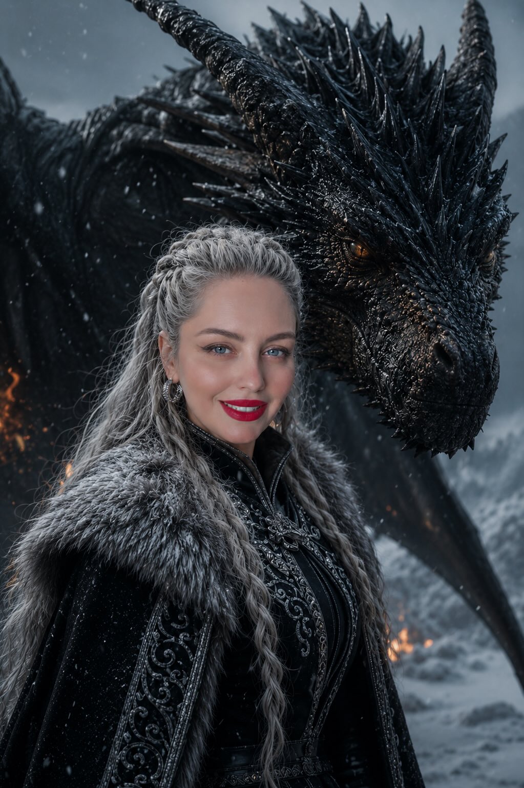 Cinematic Snowbound Woman and Dragon Portrait