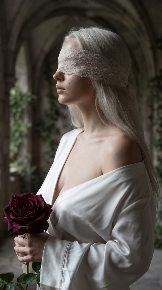 Cinematic Profile Portrait with Vintage Lace Blindfold