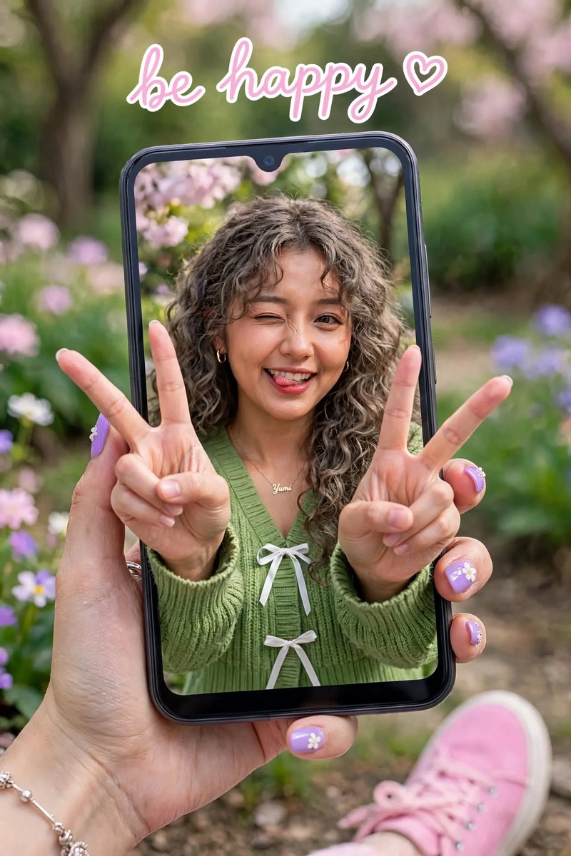 Pastel Kawaii Smartphone Portrait with 3D Pop-Out Hands