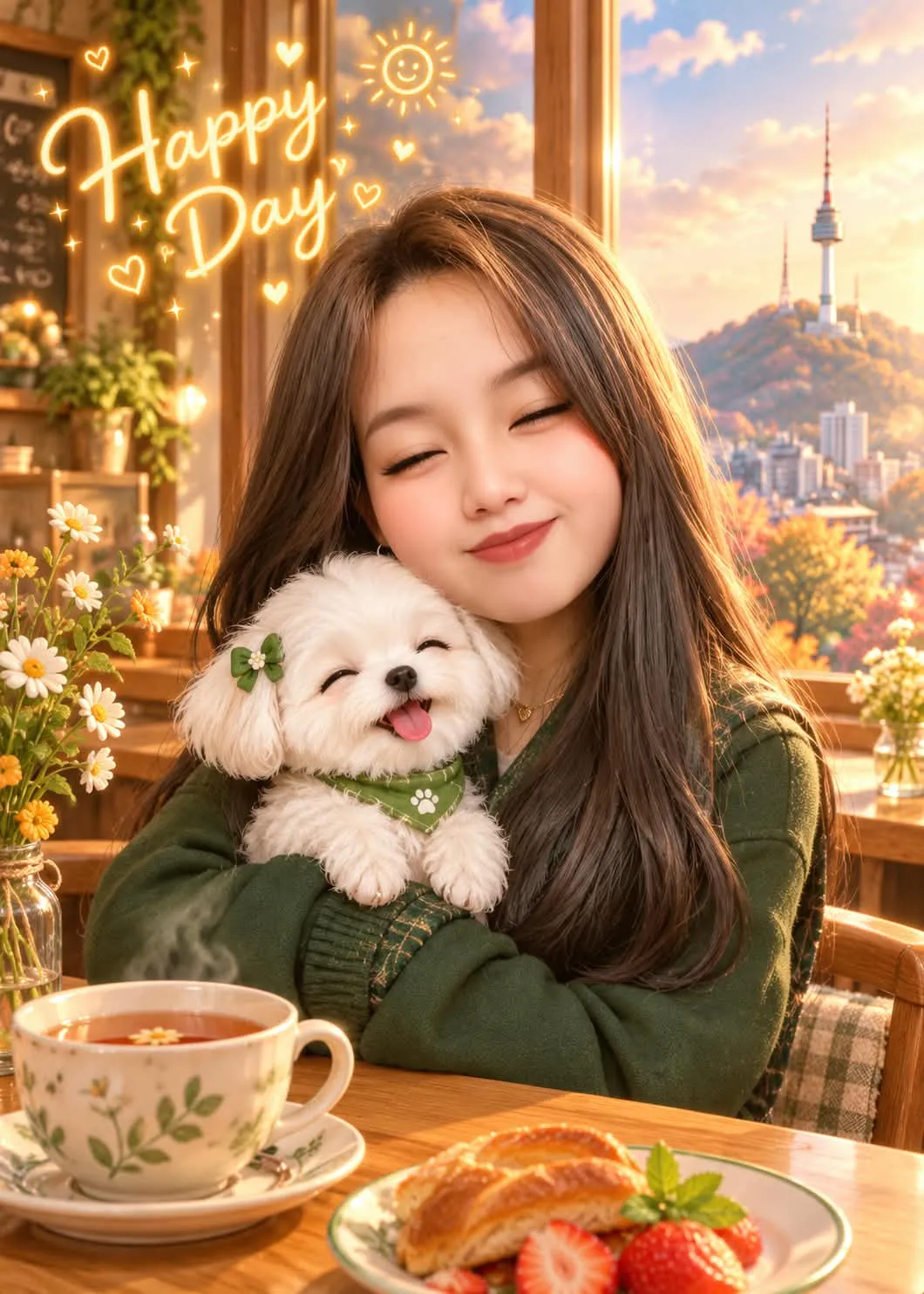 Chibi Café Scene with a Yellow Fox Cub