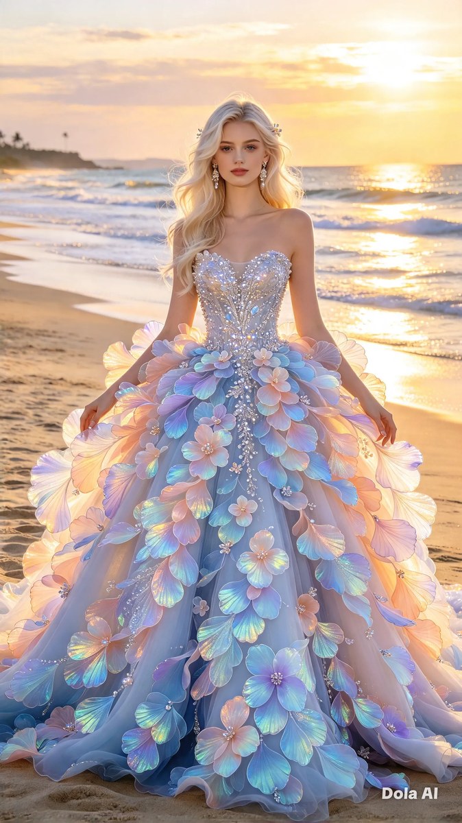 Iridescent Ball Gown on a Sunset Beach