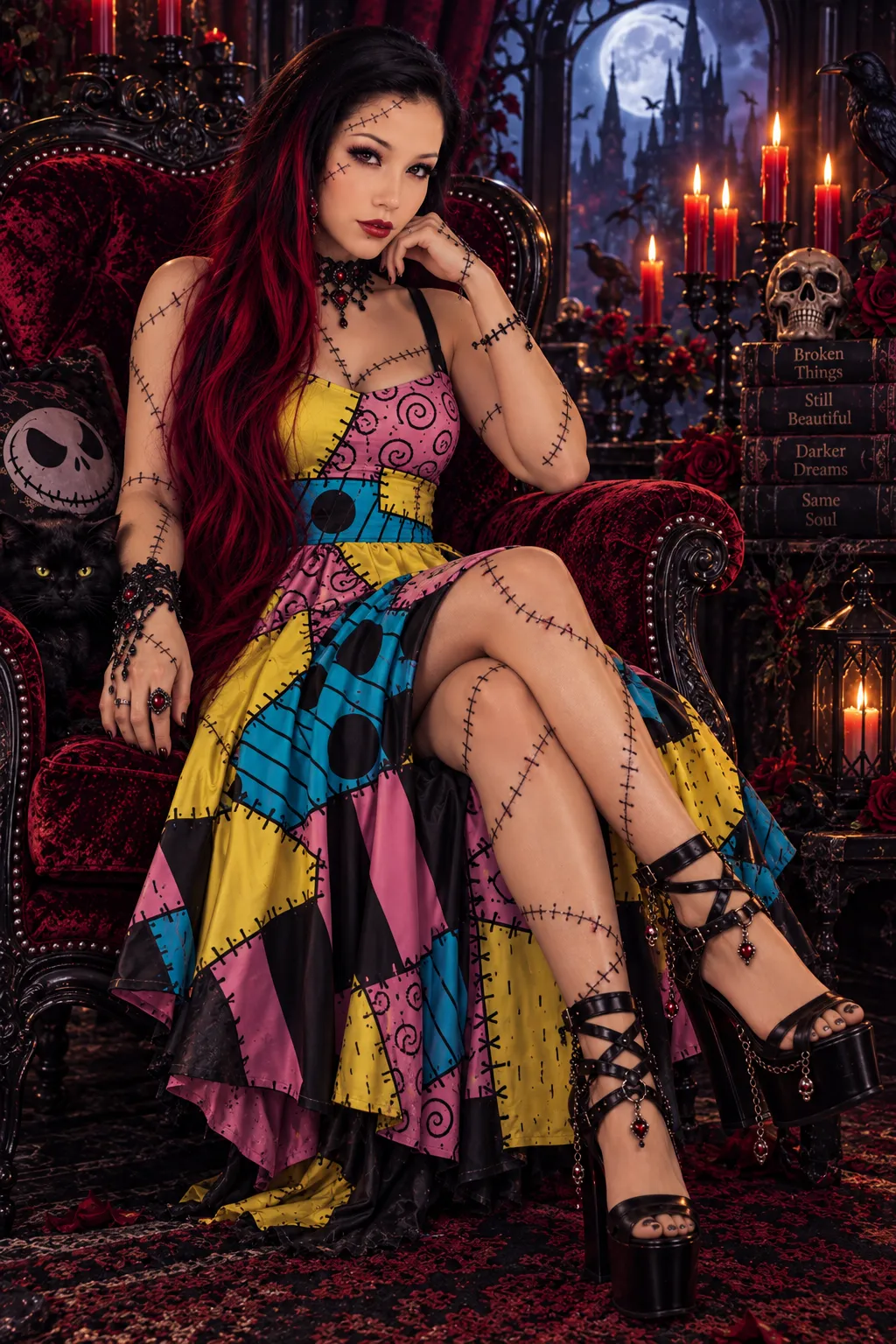 Gothic Patchwork Enchantress on a Crimson Throne output 1