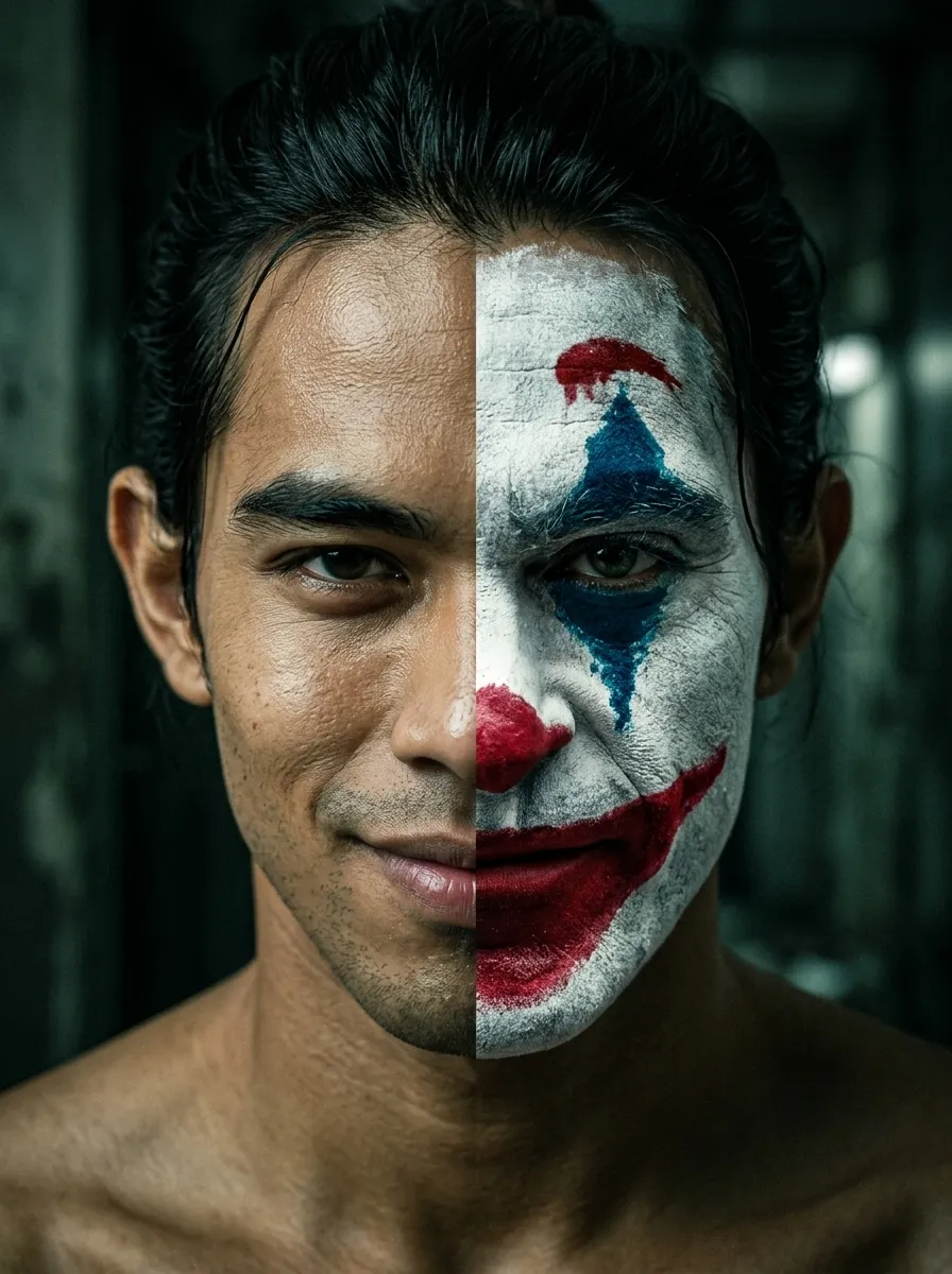 Cinematic Split-Face Joker Portrait output 2