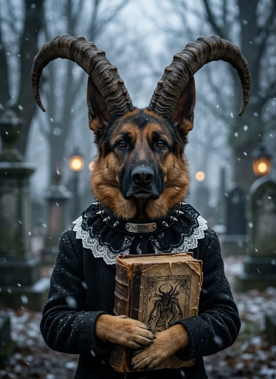 Horned Dog in a Gothic Winter Graveyard