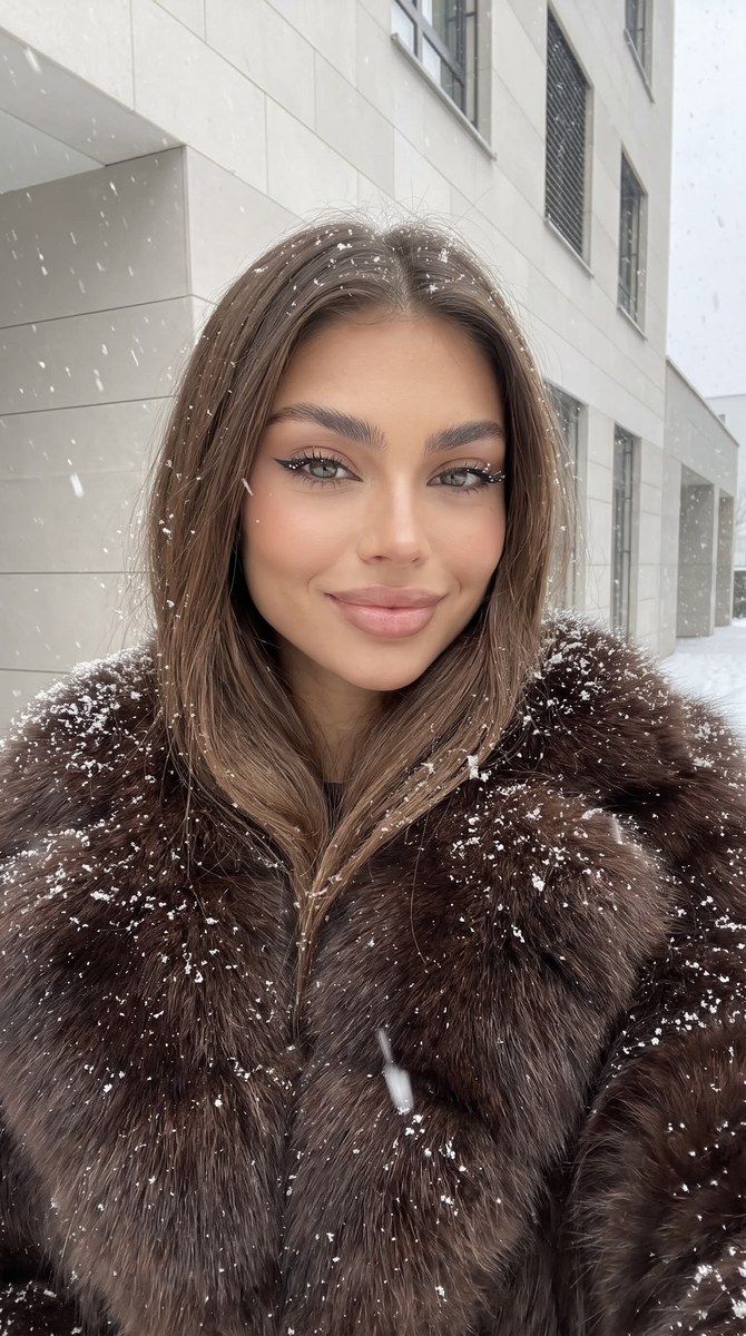 Snowy Outdoor Selfie in a Fluffy Fur Coat output 1