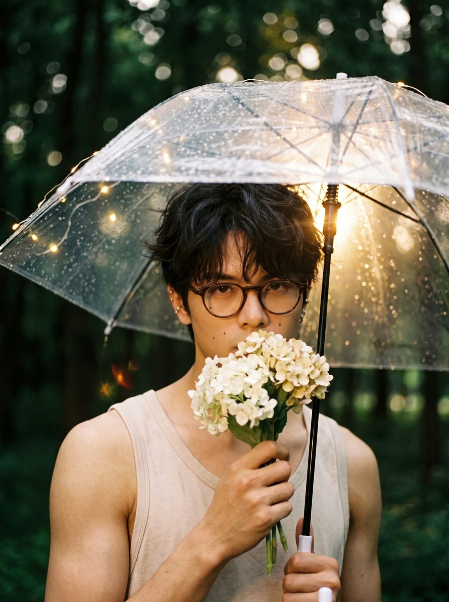 Rain-Soaked Golden-Hour Portrait with Flowers
