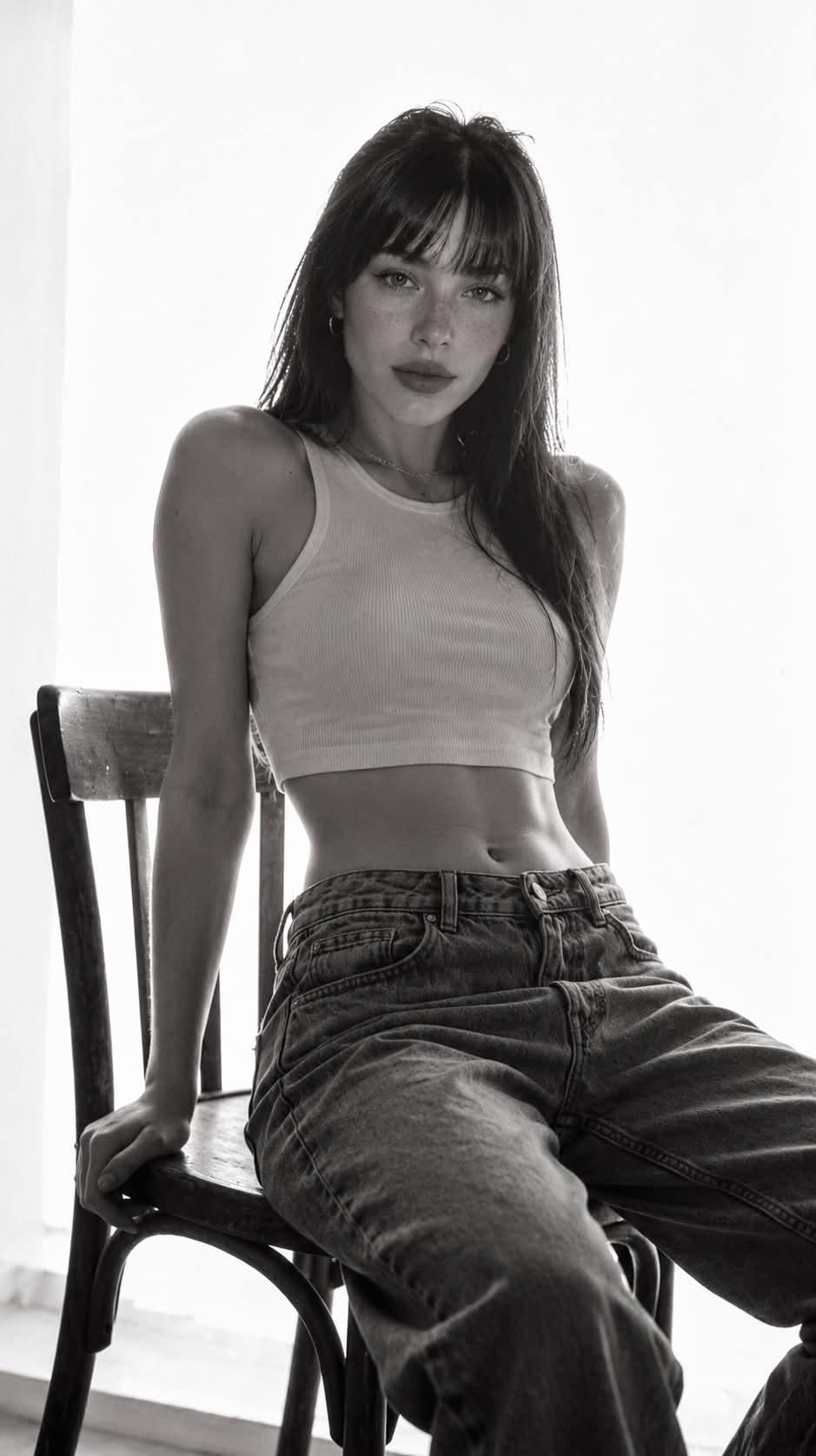 Black-and-White Fashion Portrait on a Vintage Chair output 1