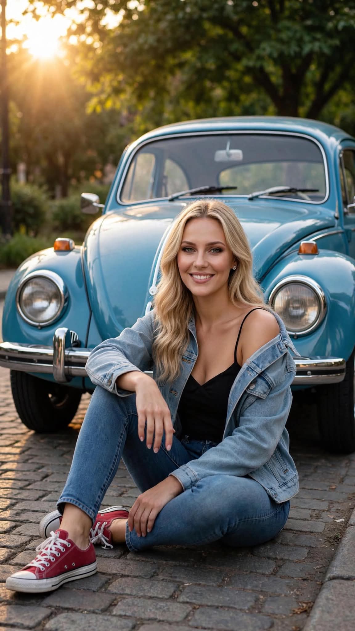 Golden-Hour Portrait with a Vintage Volkswagen Beetle
