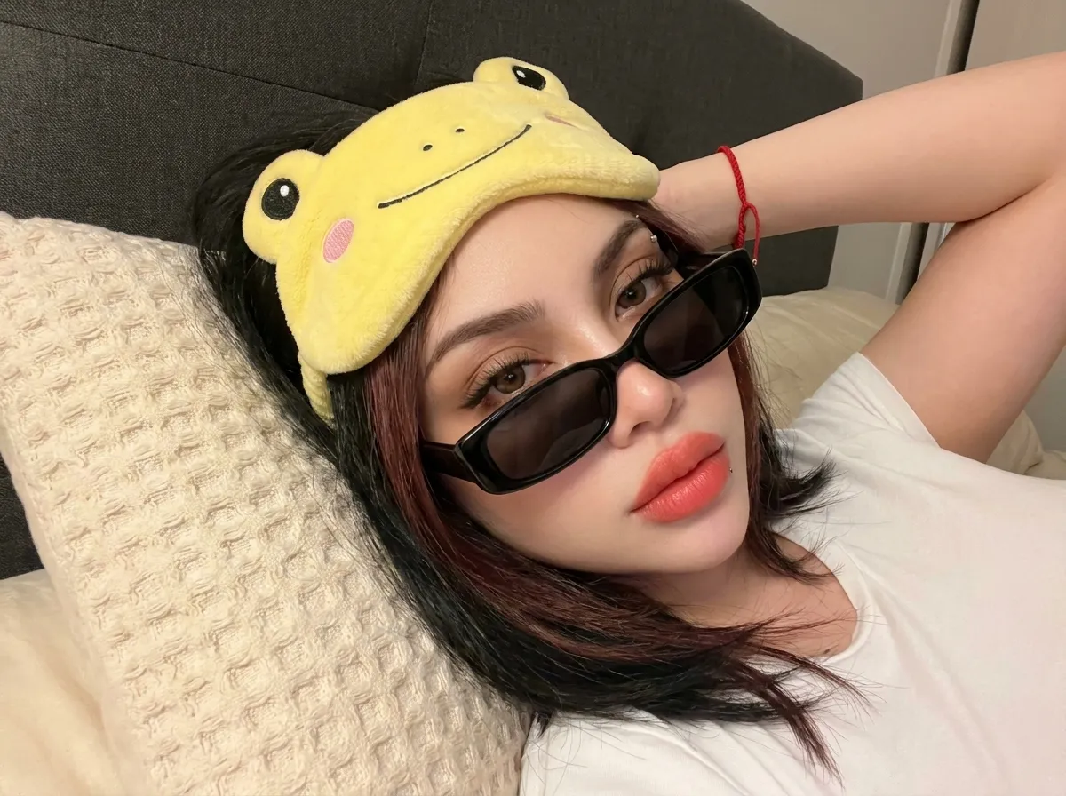 Realistic Bedroom Selfie with a Yellow Frog Sleep Mask