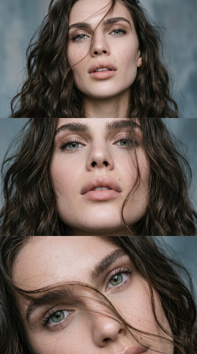 Cinematic Three-Frame Portrait Triptych