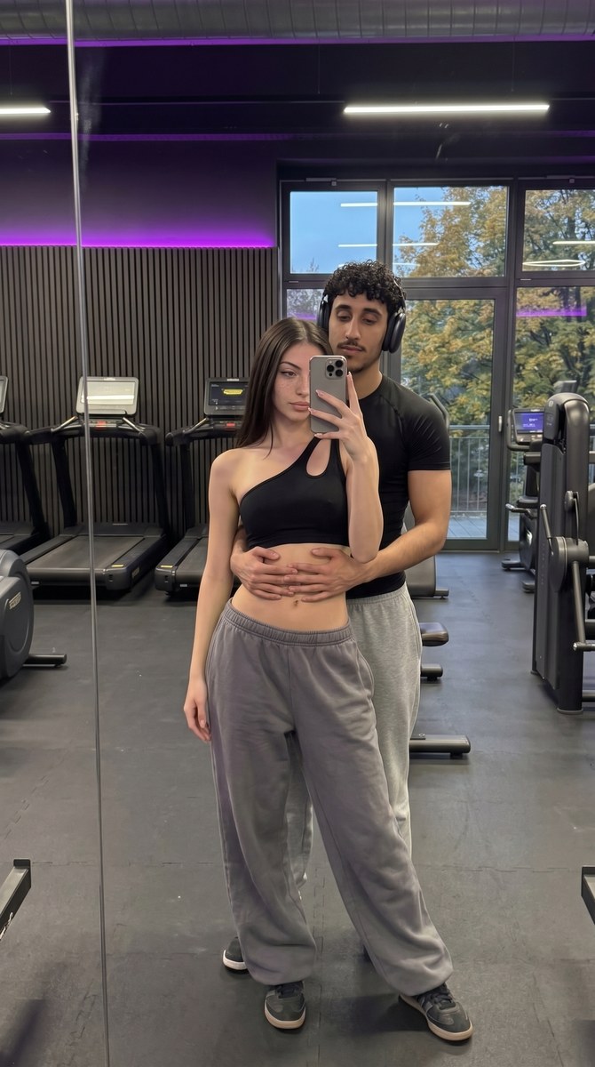 Realistic Gym Mirror Selfie of a Couple