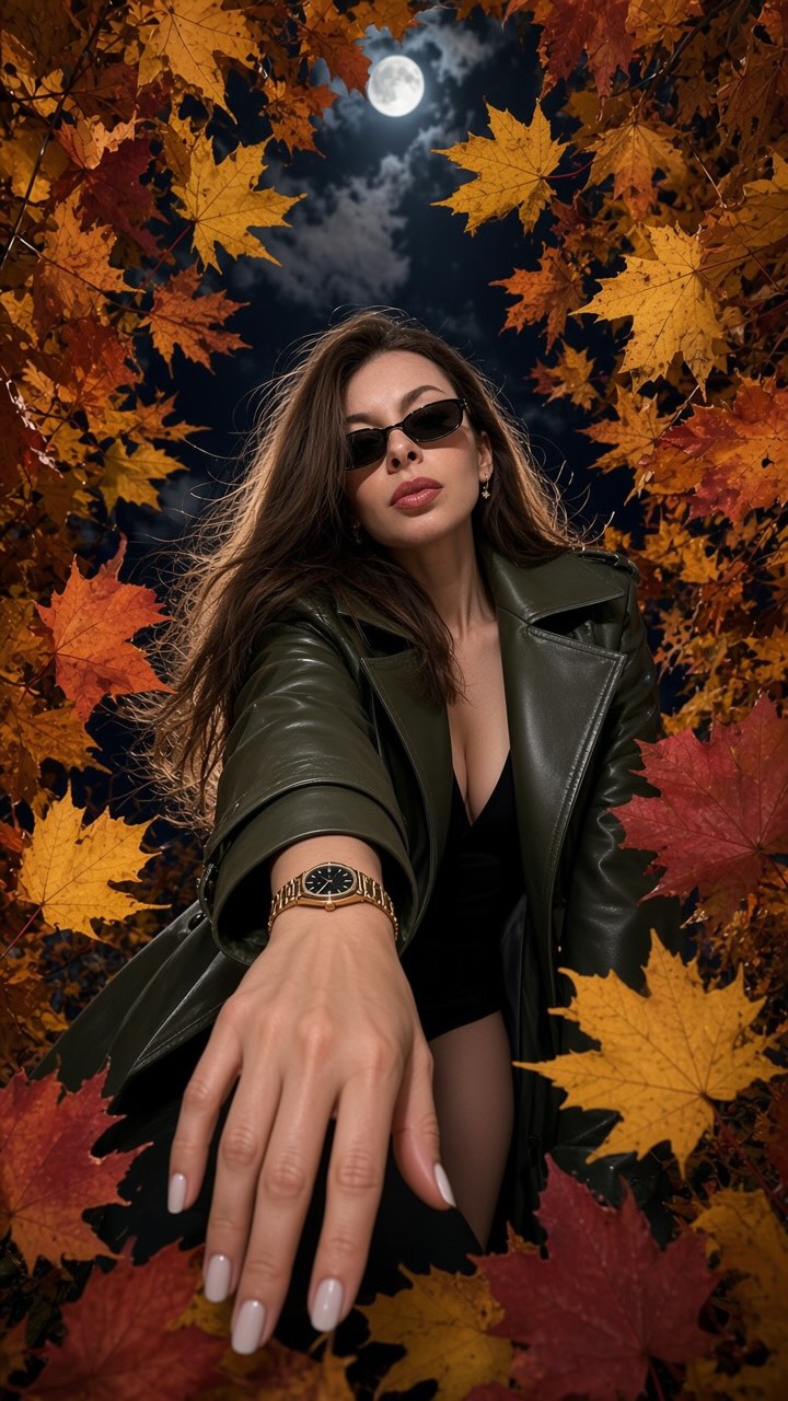 Autumn Night Fashion Portrait Through Maple Leaves output 1