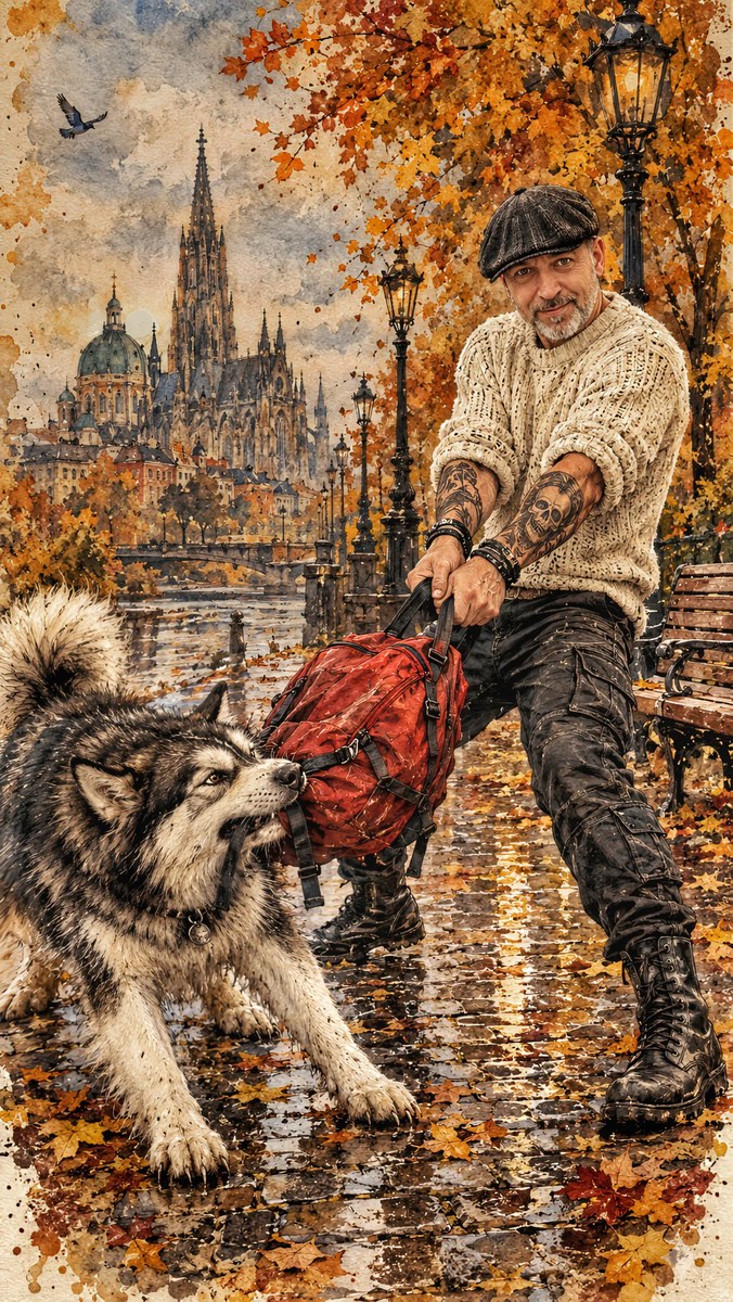 Man and Playful Dog on an Autumn Cobblestone Street