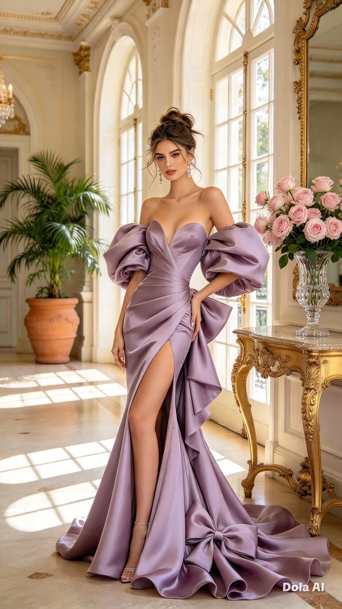 Woman in a Dusty-Lilac Satin Mermaid Gown output 2