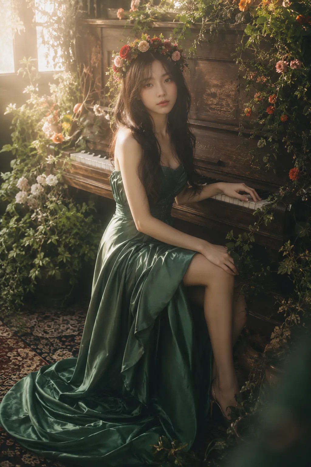 Dreamy Emerald-Gown Piano Portrait