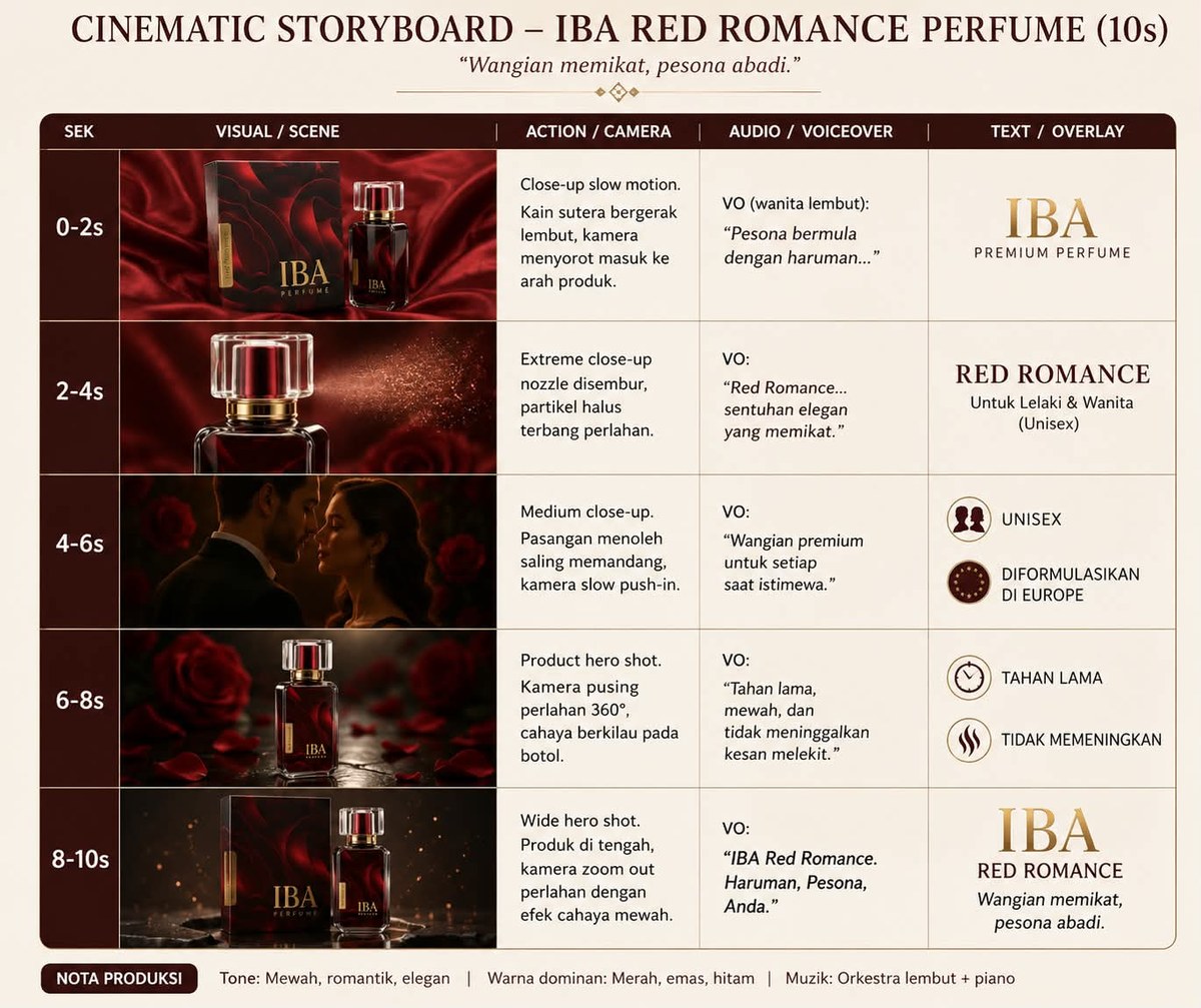 Create a 10-Second Cinematic Perfume Storyboard and Video output 2