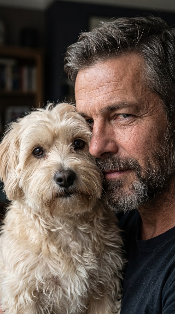 Documentary Portrait of a Man Hugging His Pet