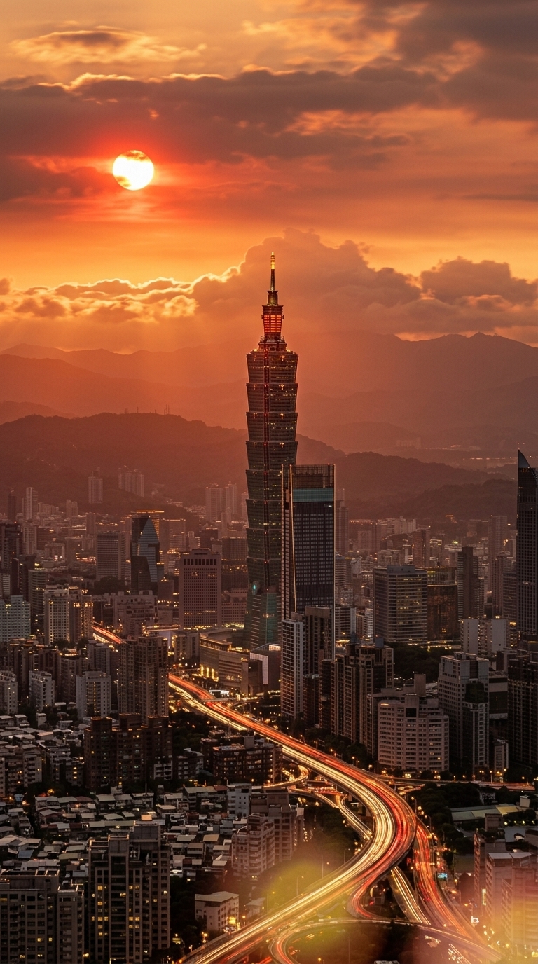 Red Sunset Over Taipei 101 at Golden Hour