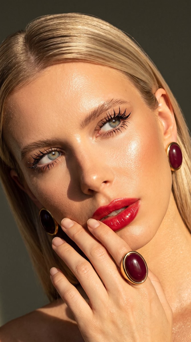 Sunlit Beauty Close-Up with Burgundy Statement Jewelry
