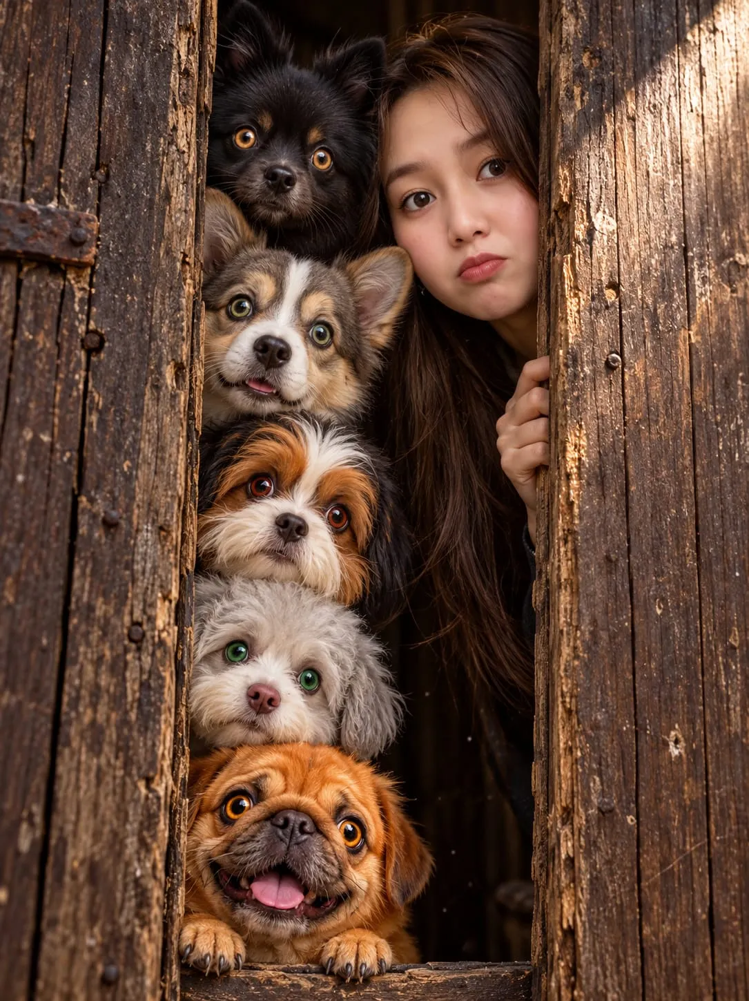 Person and Five Foxes Peeking Through Weathered Wood