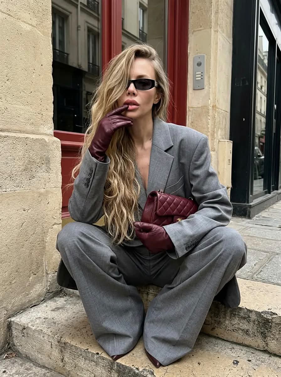 Burgundy-Accented Street-Style Fashion Portrait