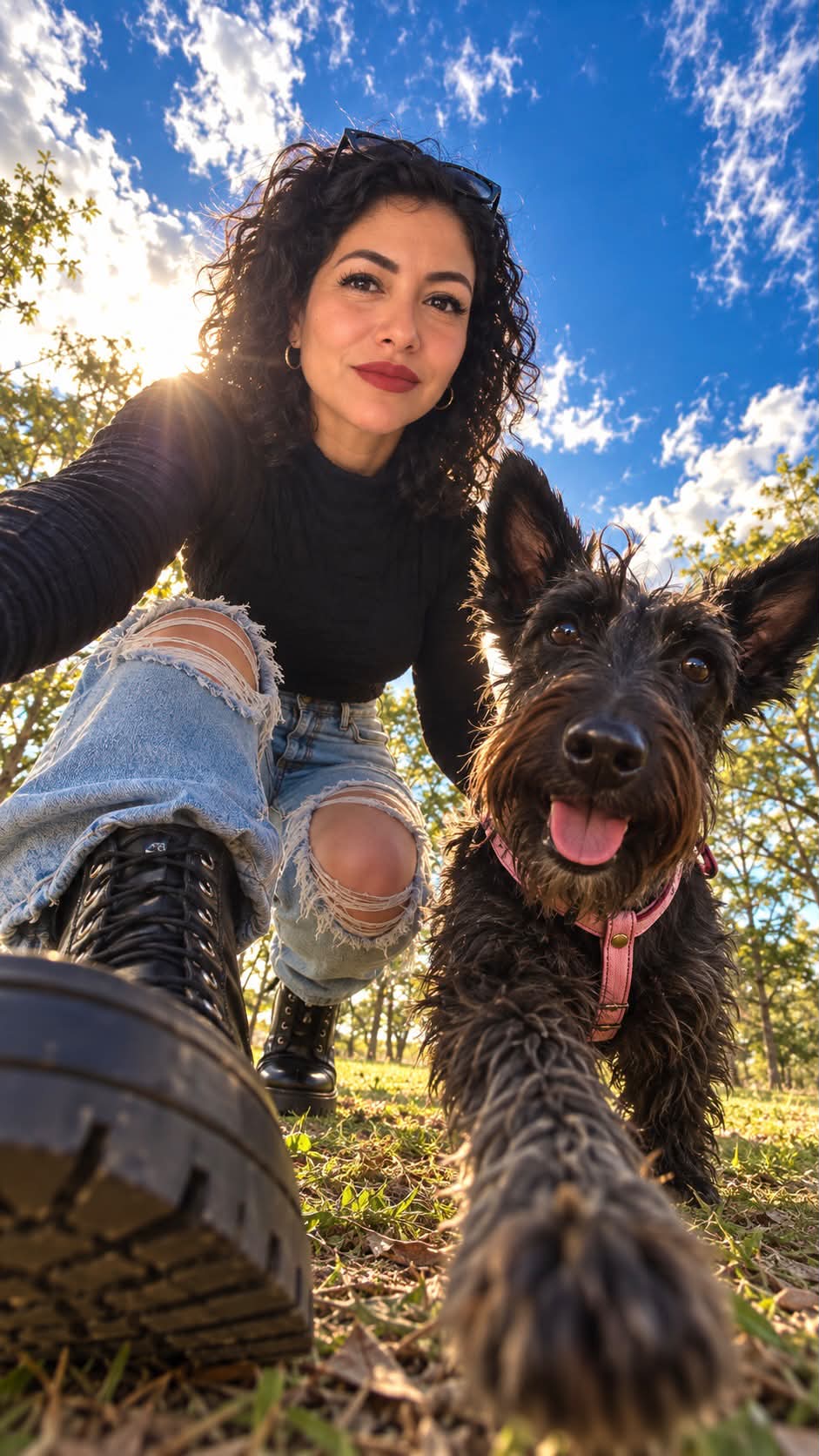 Candid Low-Angle Portrait with a Person and Their Dog