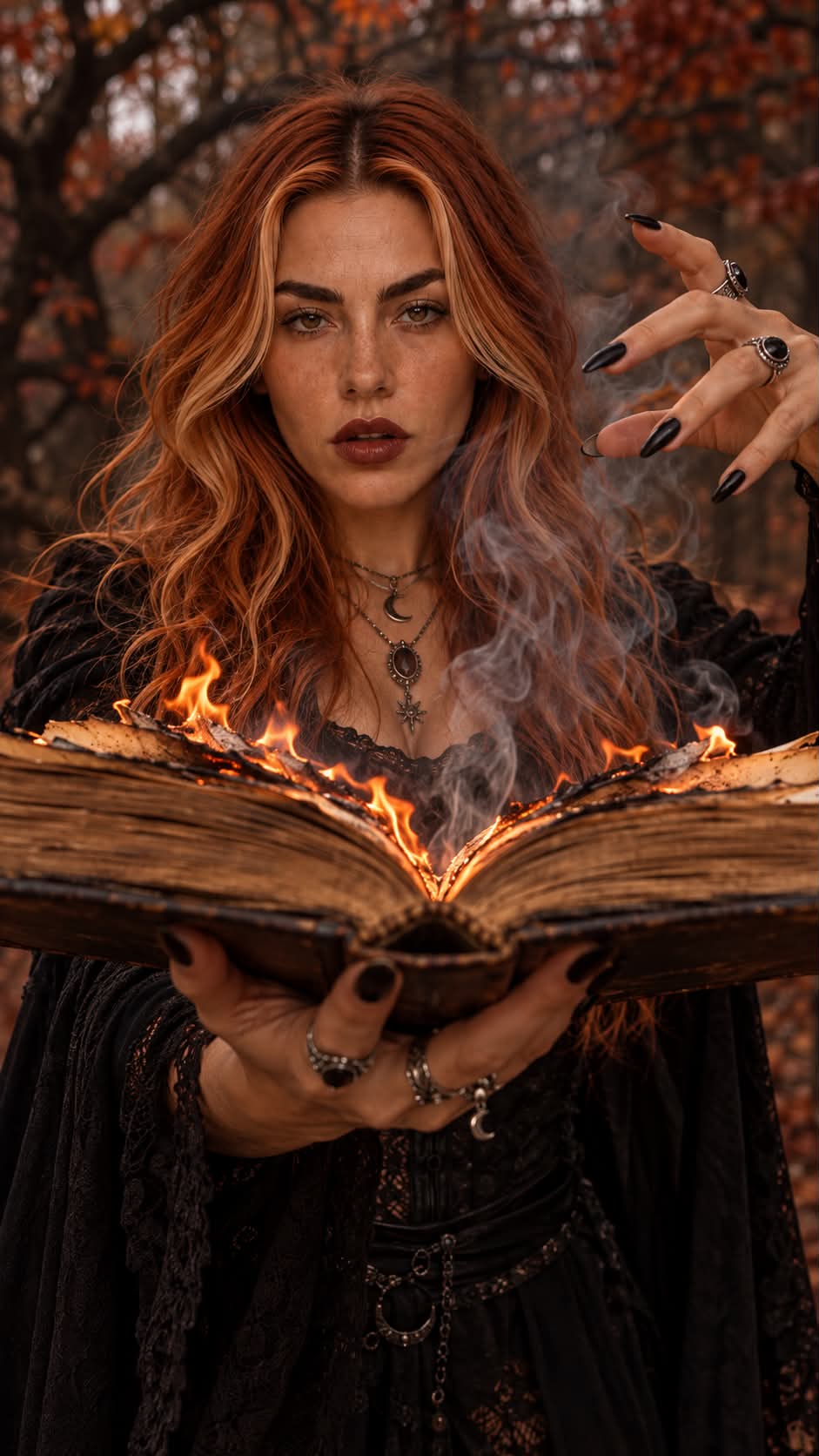 Cinematic Gothic Witch with a Burning Book