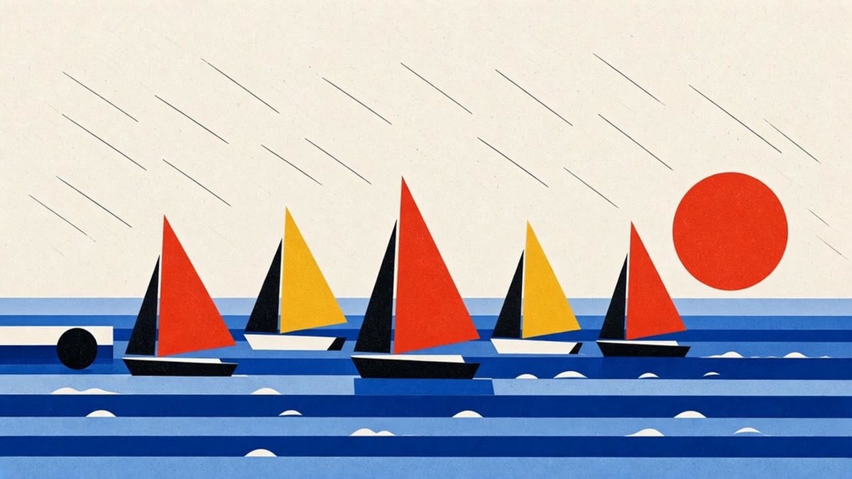 Bauhaus Geometric Poster of a Sailboat Regatta on a Blue Bay