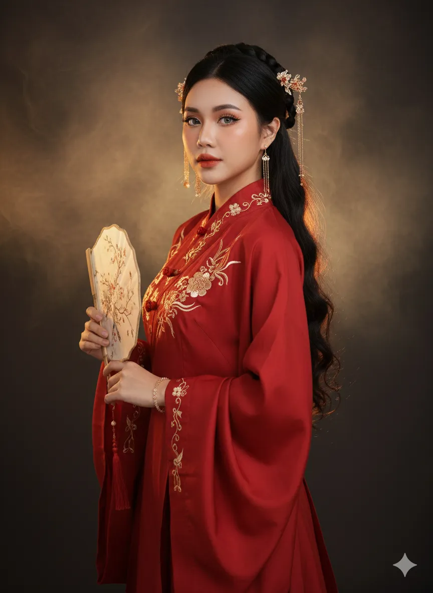 Red Hanfu Studio Portrait with Golden Rim Light output 1