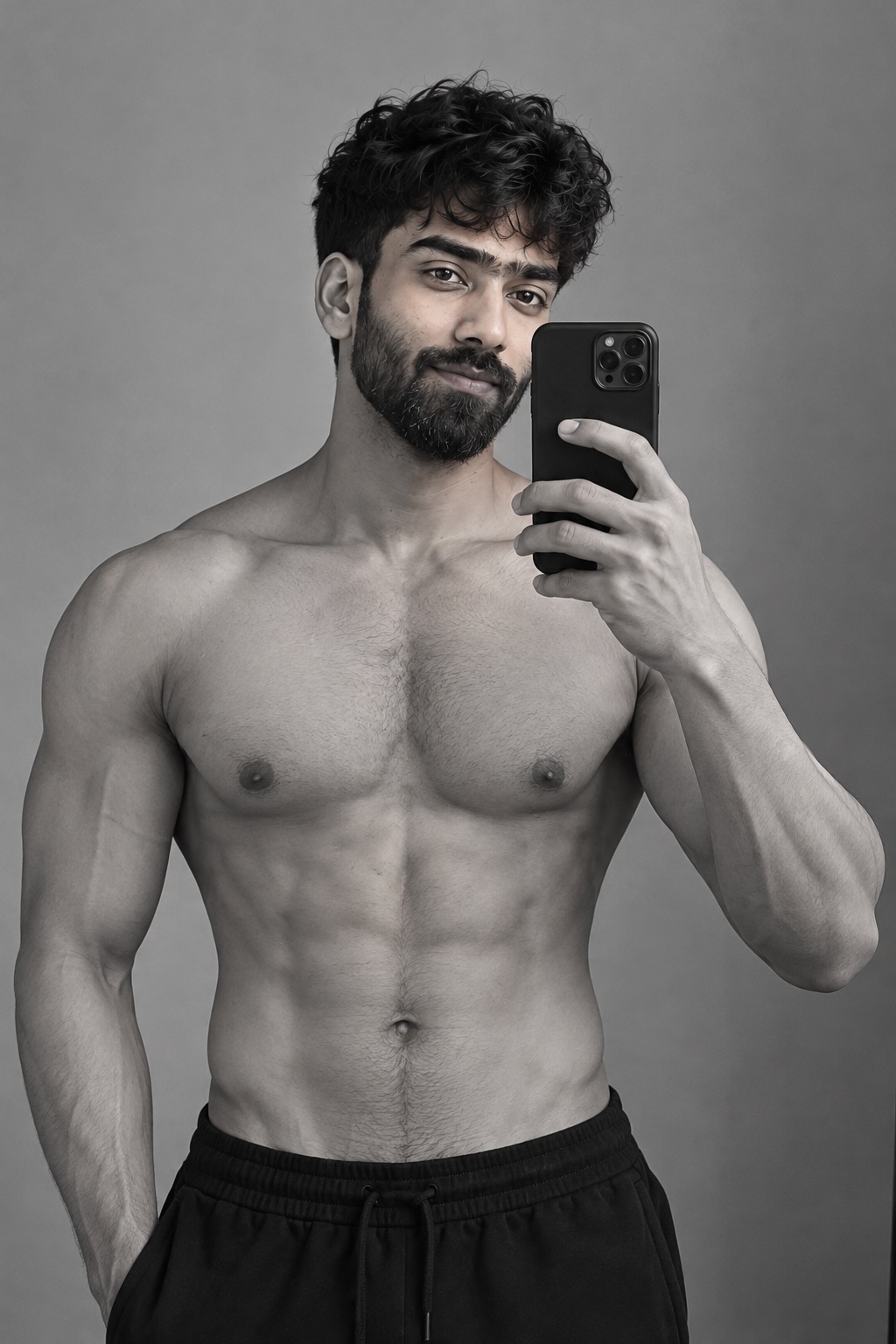 Black-and-White Mirror Selfie of a Young Man output 1