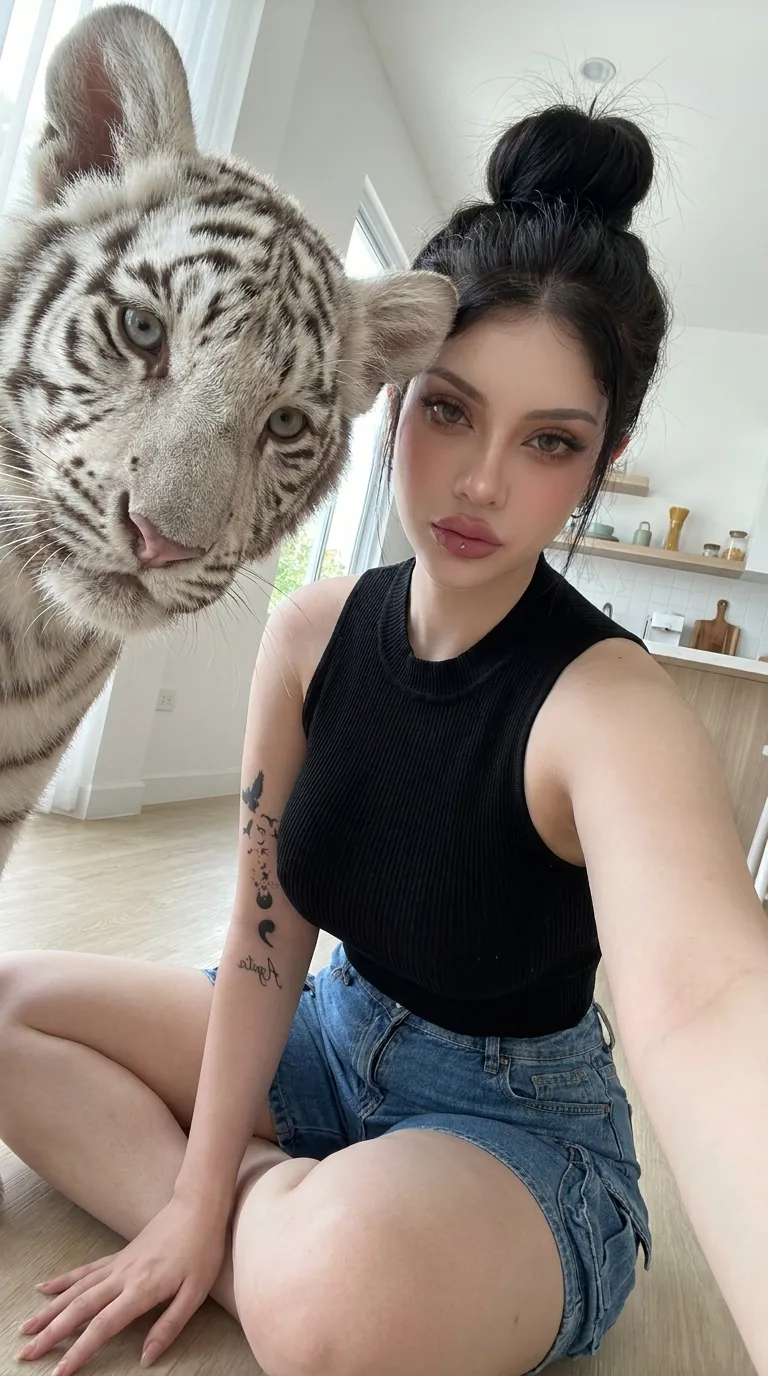 Smartphone Selfie with a White Tiger Cub