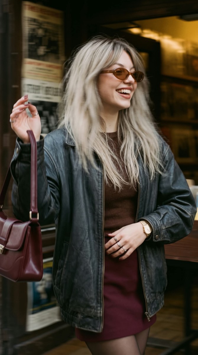 Burgundy Street-Style Portrait Outside a Record Store output 4