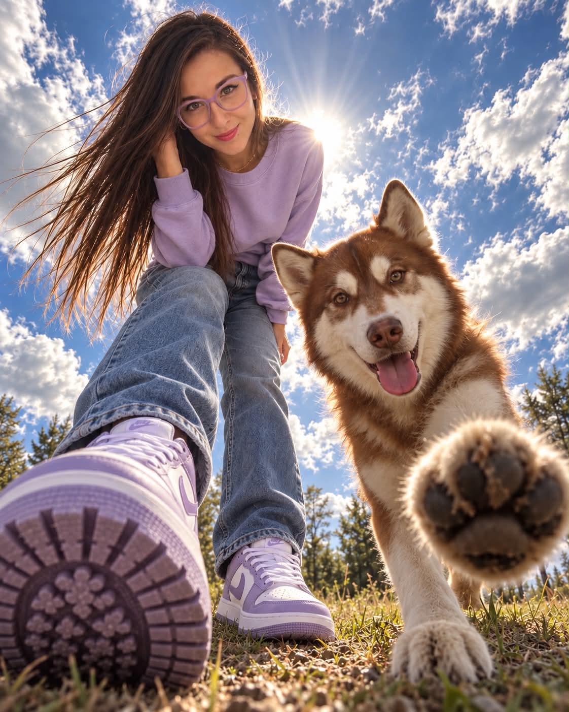 Photorealistic Low-Angle Portrait with a Person and Their Dog