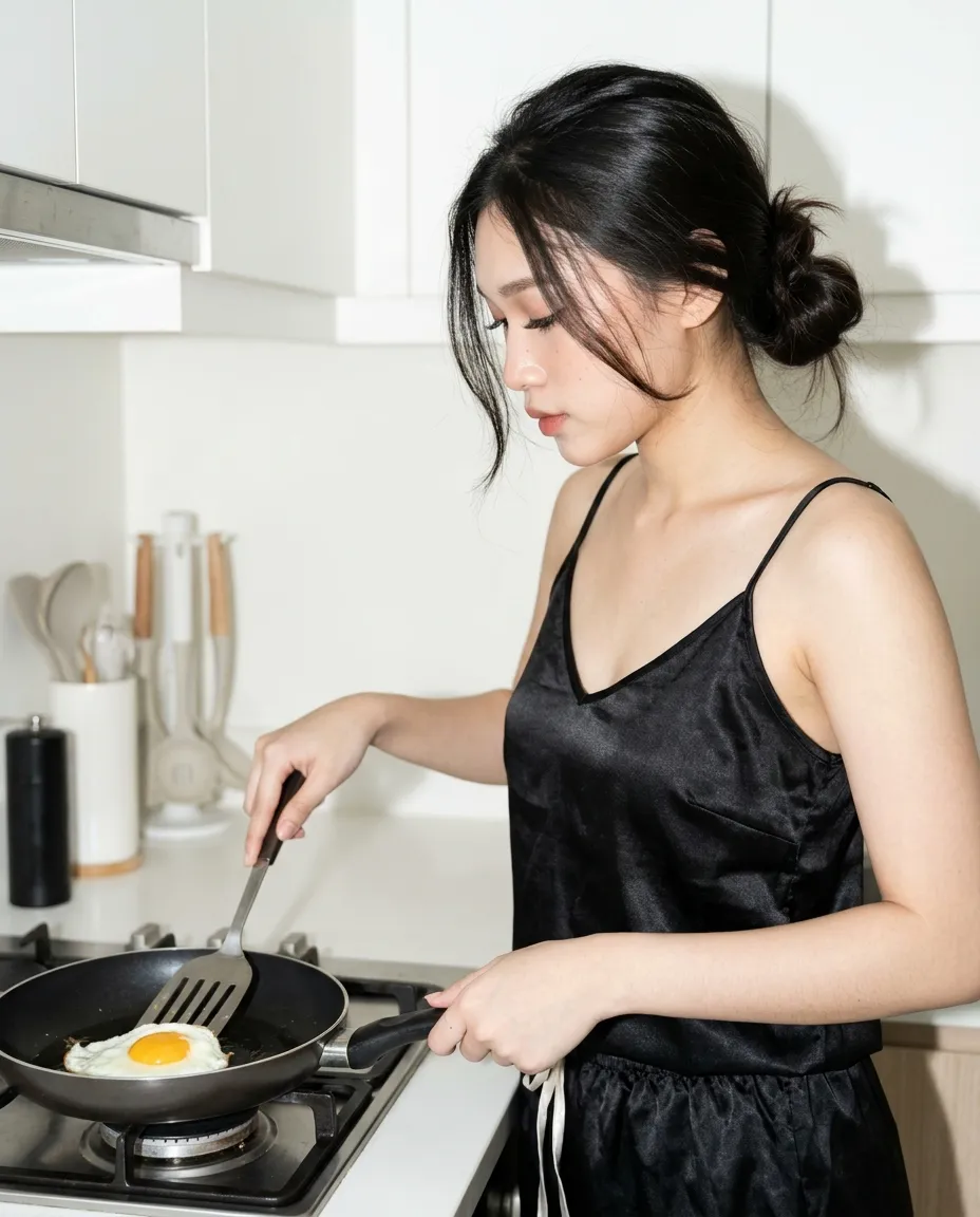 Candid Breakfast Portrait in a Minimalist Kitchen