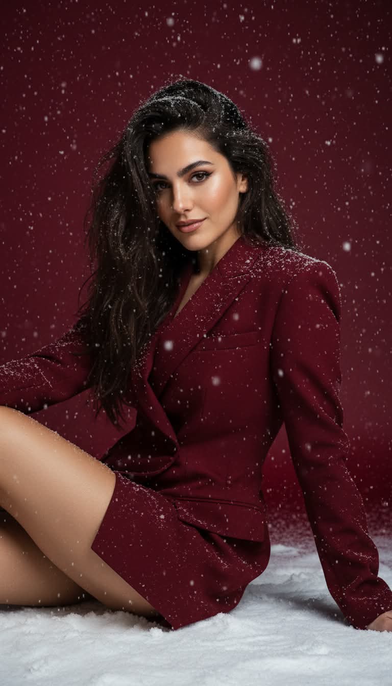 Dark Red Fashion Portrait in Falling Snow