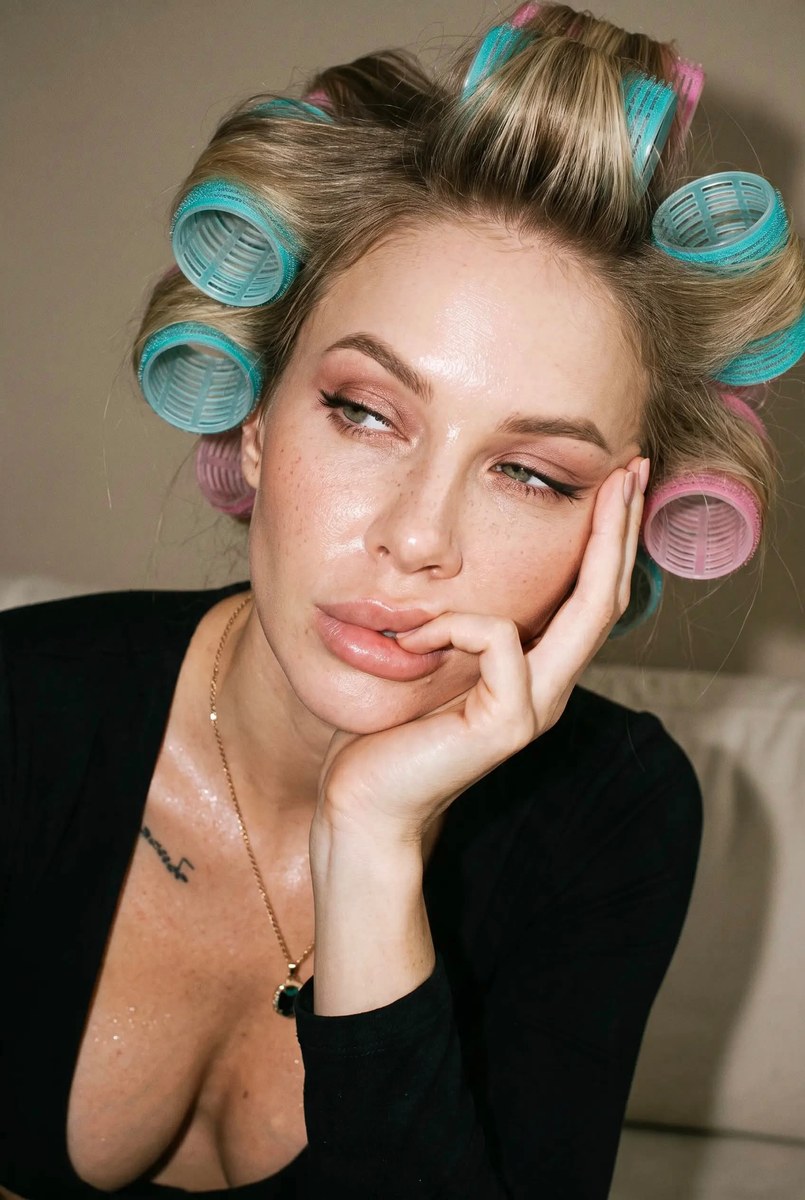 Flash Beauty Portrait with Turquoise Hair Rollers