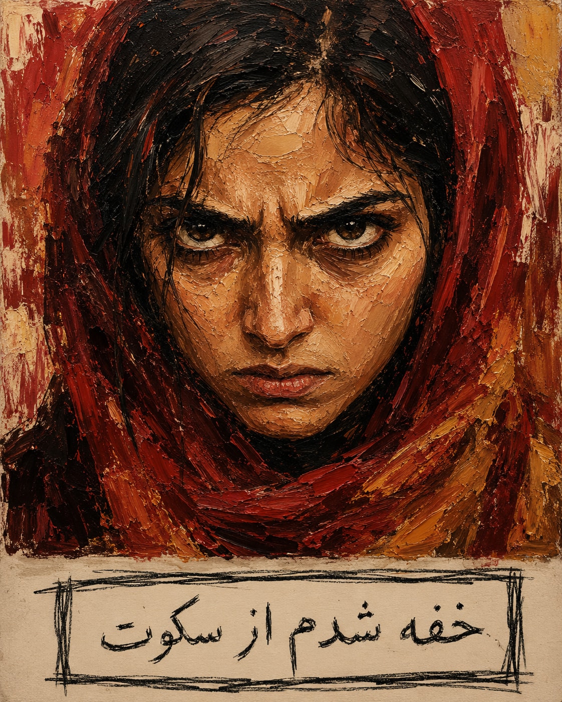 Impasto Oil Portrait of an Iranian Woman with “خفه شدم از سکوت”